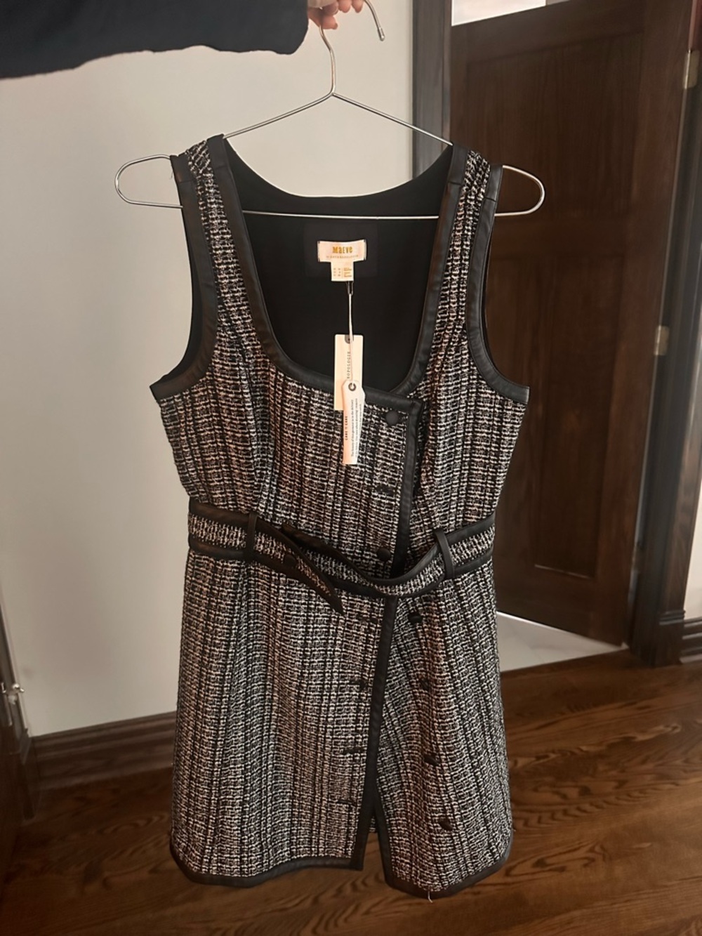 Maje Black and White Tweed Sleeveless Belted Mini Dress